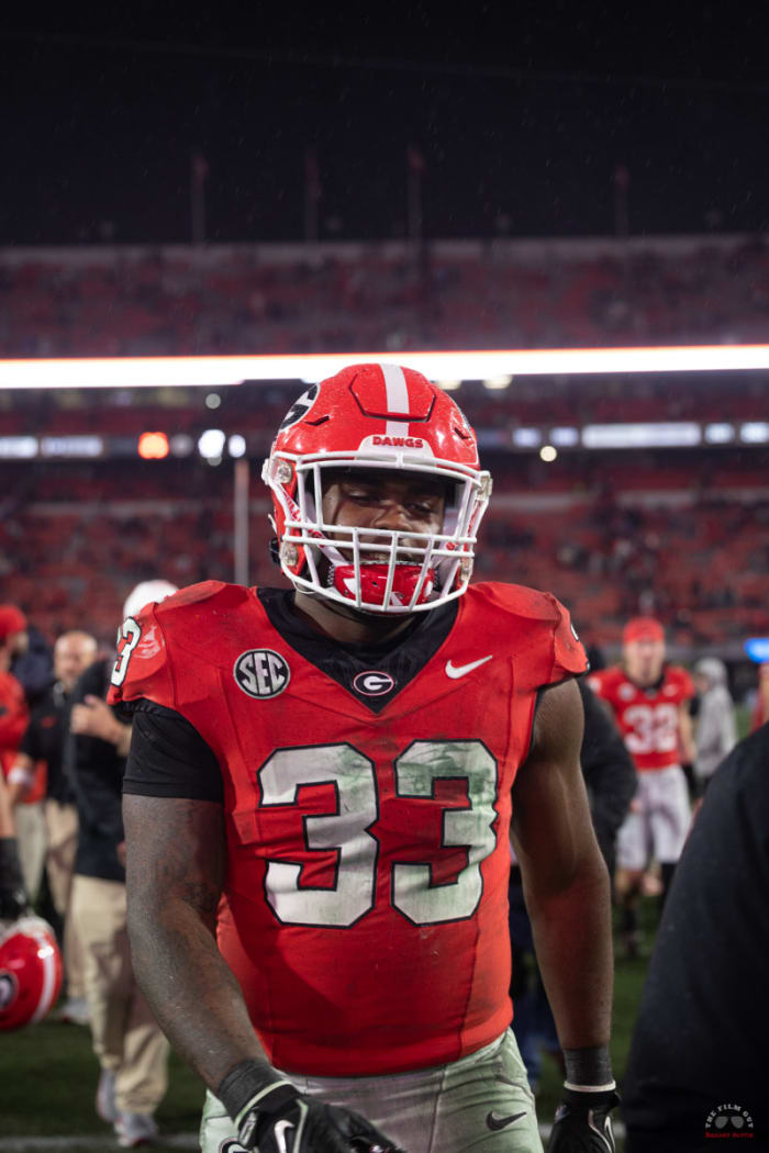 Georgia freshman linebacker CJ Allen (33) walks out of Sanford Stadium after his SEC Freshman Player of the Week performance against Ole Miss on Nov. 11, 2023. (Brooks Austin / Dawgs Daily).